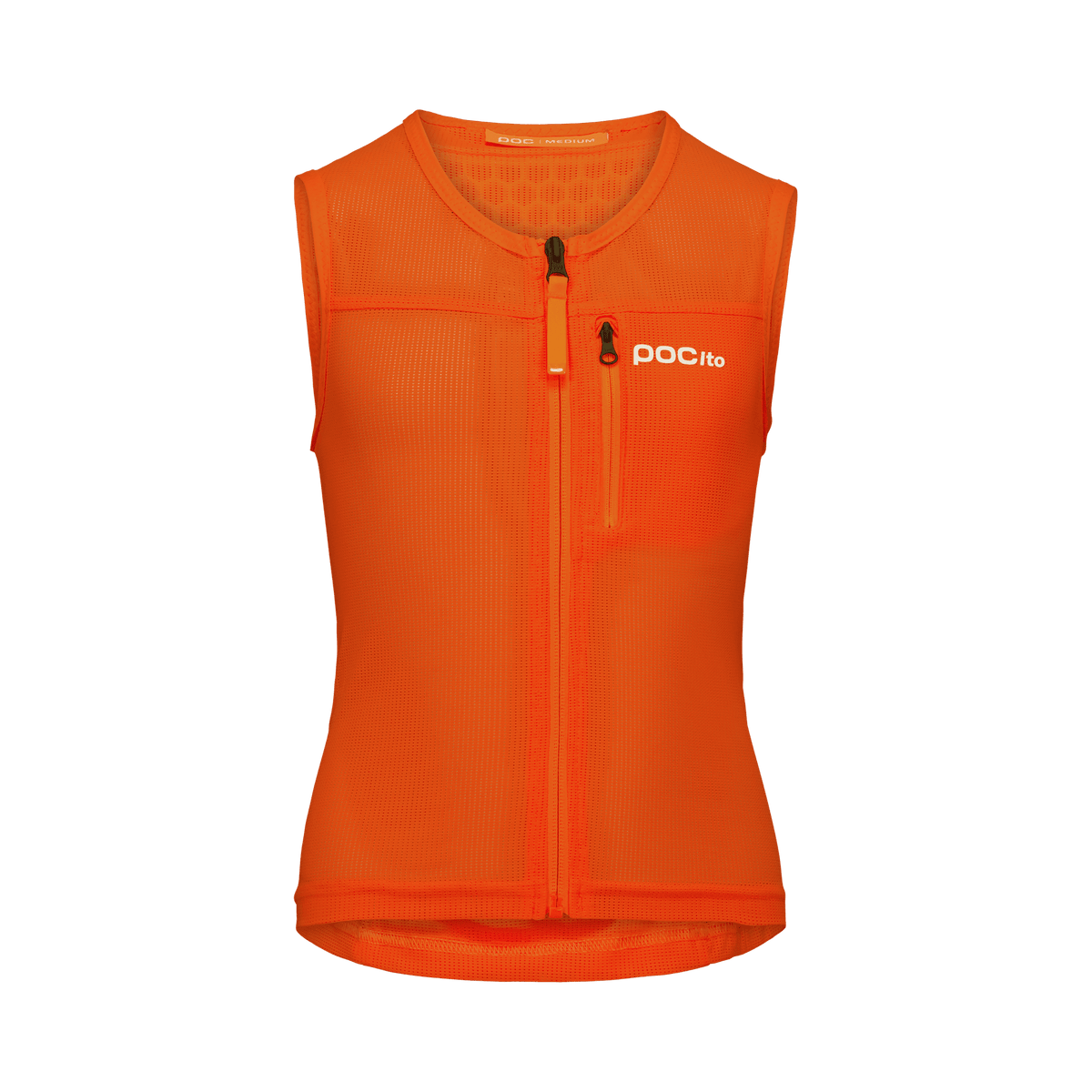 Die POC Sports POCito VPD Air Vest Orange ist eine leuchtend orangefarbene, ärmellose Fahrradweste mit einem Frontreißverschluss, einer Brusttasche und einem Logo auf der linken Seite. Sie ist aus leichtem, atmungsaktivem Material für den Komfort von Kindern gefertigt.