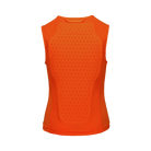 Die POC pocito VPD Air VEST Orange von POC Sports ist ein leuchtend orangefarbenes, ärmelloses Sportoberteil (von hinten gesehen) mit einem großen, strukturierten Einsatz und atmungsaktivem Netzgewebe - perfekt für leichten Schutz.