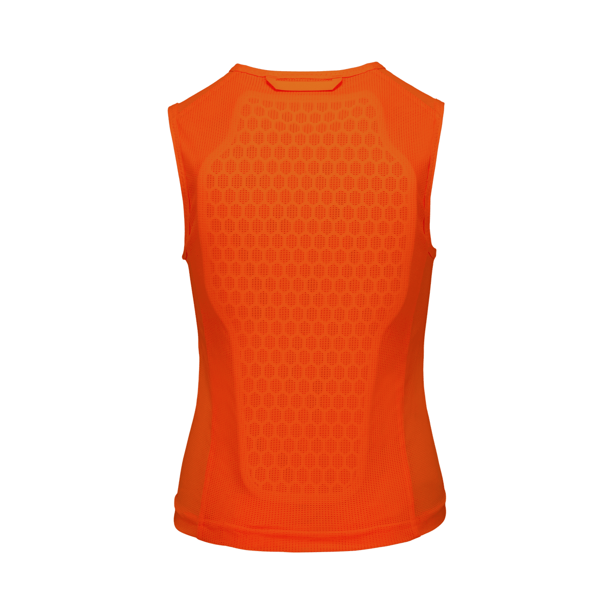 Die POC pocito VPD Air VEST Orange von POC Sports ist ein leuchtend orangefarbenes, ärmelloses Sportoberteil (von hinten gesehen) mit einem großen, strukturierten Einsatz und atmungsaktivem Netzgewebe - perfekt für leichten Schutz.