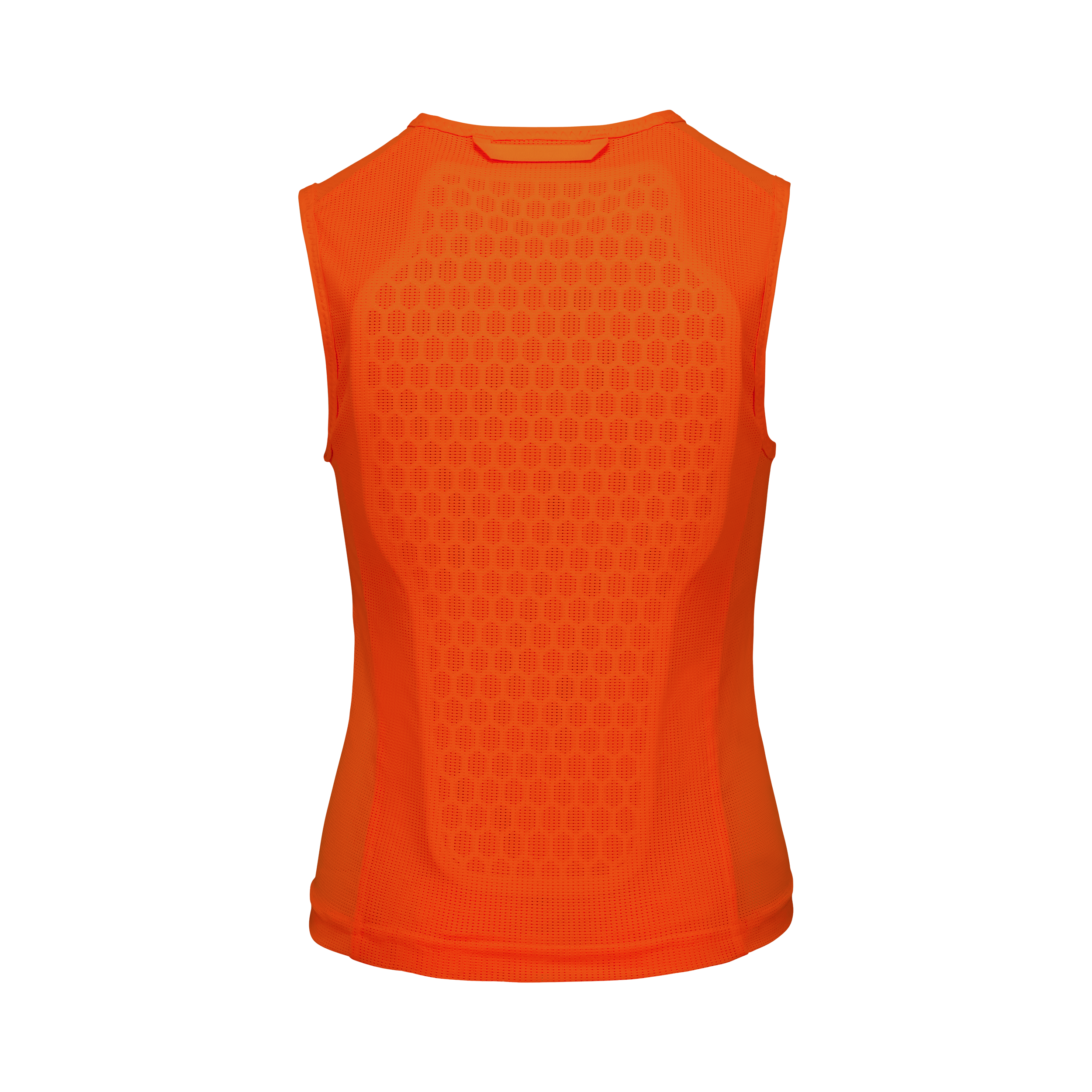 Die POC pocito VPD Air VEST Orange von POC Sports ist ein leuchtend orangefarbenes, ärmelloses Sportoberteil (von hinten gesehen) mit einem großen, strukturierten Einsatz und atmungsaktivem Netzgewebe - perfekt für leichten Schutz.