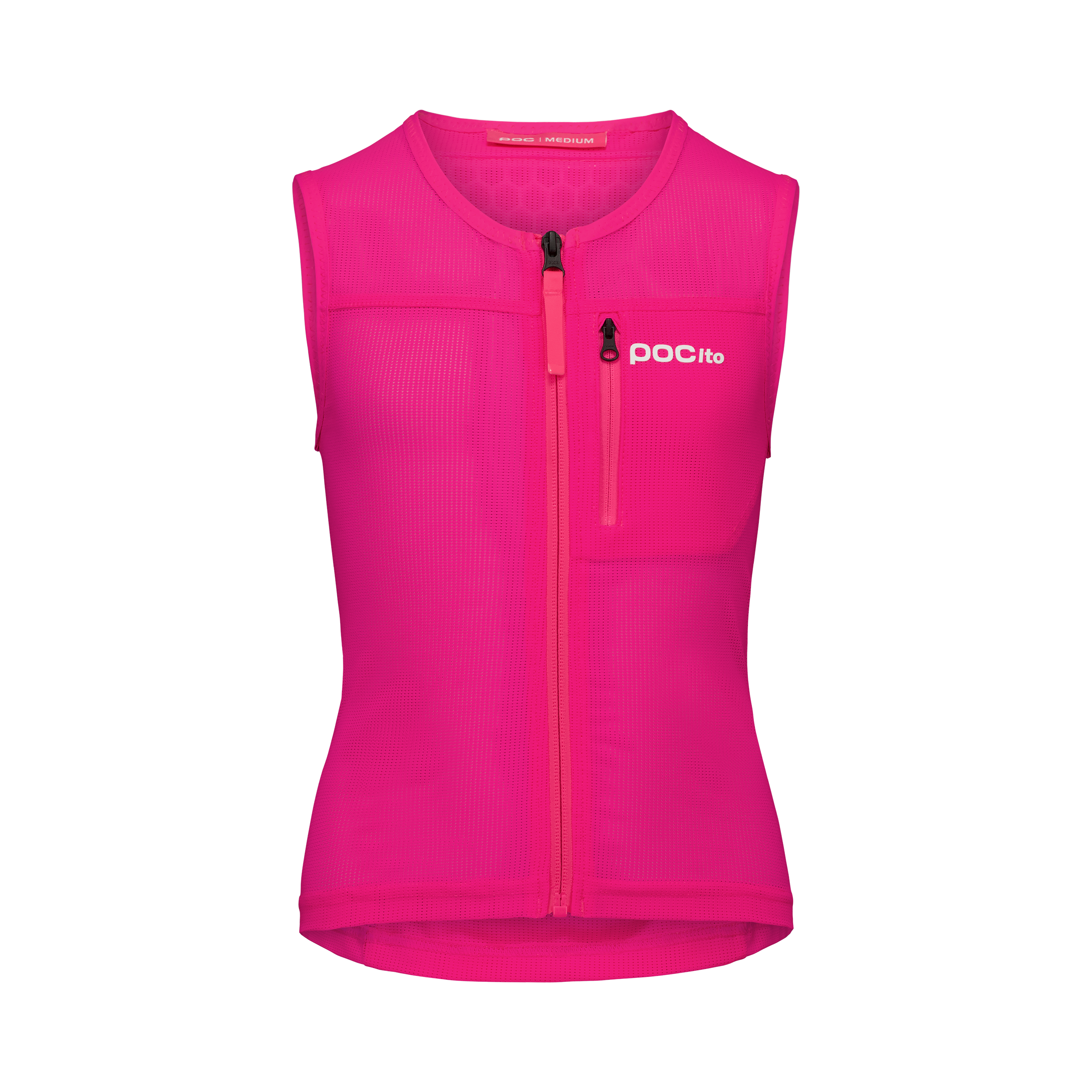 Die POC Sports pocito VPD Air VEST ist eine ärmellose, hellrosa Kinderweste mit Reißverschluss, Brusttasche, POCito-Logo, sportlichem Look und hohem Halsausschnitt - ideal als leichter Ski-Protektor für zuverlässigen Schutz.