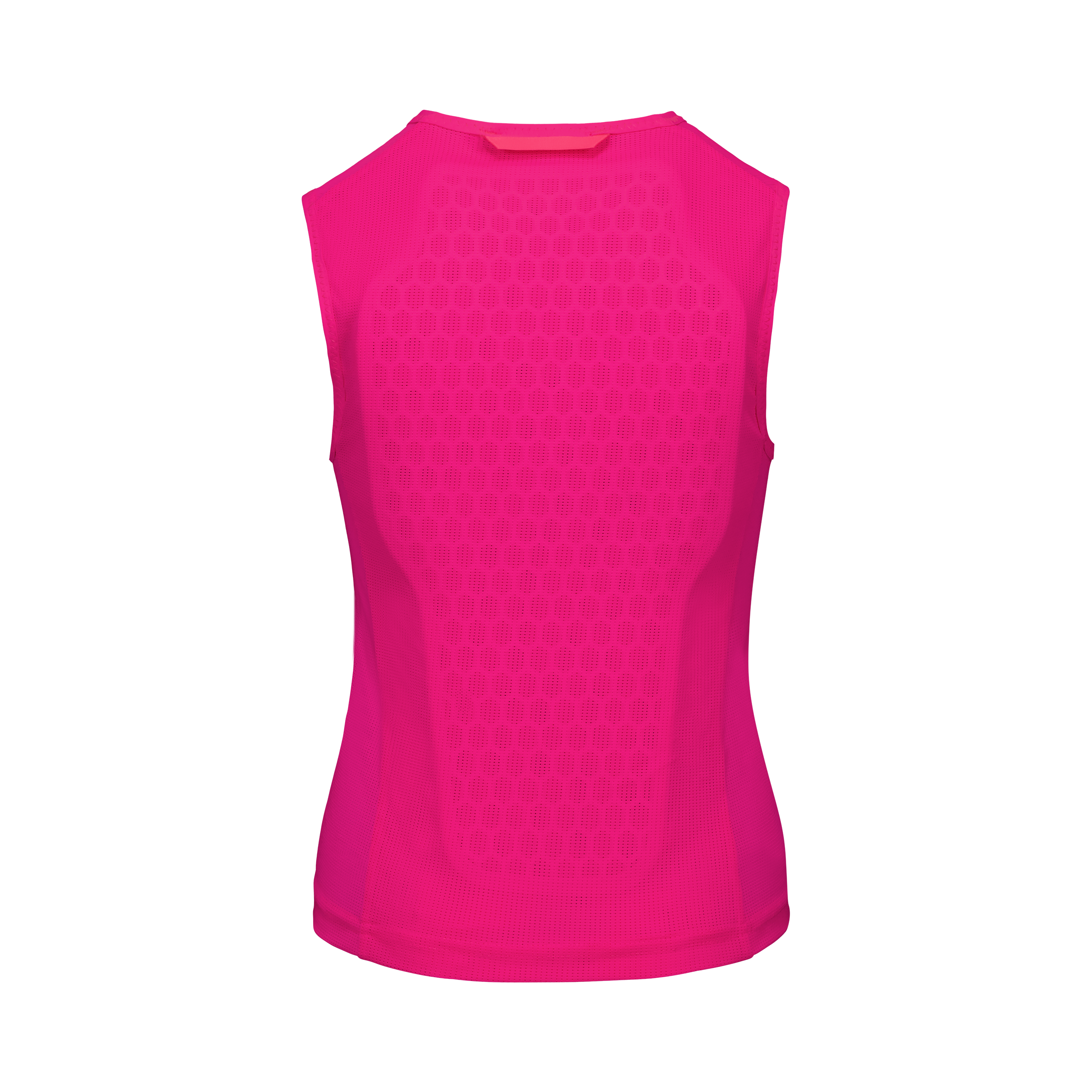 Ein ärmelloses, leuchtend pinkes Sportoberteil mit dezentem Sechseckmuster - ideal zum Überziehen über die POC Sports POC pocito VPD Air VEST für zusätzliche Sicherheit.