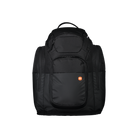 Der POC Sports Race Backpack 70L in Schwarz verfügt über mehrere Reißverschlussfächer, einen Tragegriff an der Oberseite und ein orangefarbenes, rundes Logo auf der Vordertasche, das auf einem schlichten weißen Hintergrund abgebildet ist.