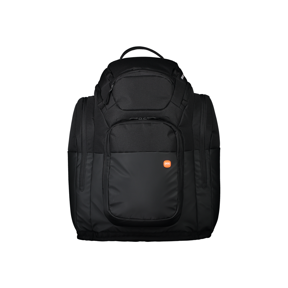 Der POC Sports Race Backpack 70L in Schwarz verfügt über mehrere Reißverschlussfächer, einen Tragegriff an der Oberseite und ein orangefarbenes, rundes Logo auf der Vordertasche, das auf einem schlichten weißen Hintergrund abgebildet ist.