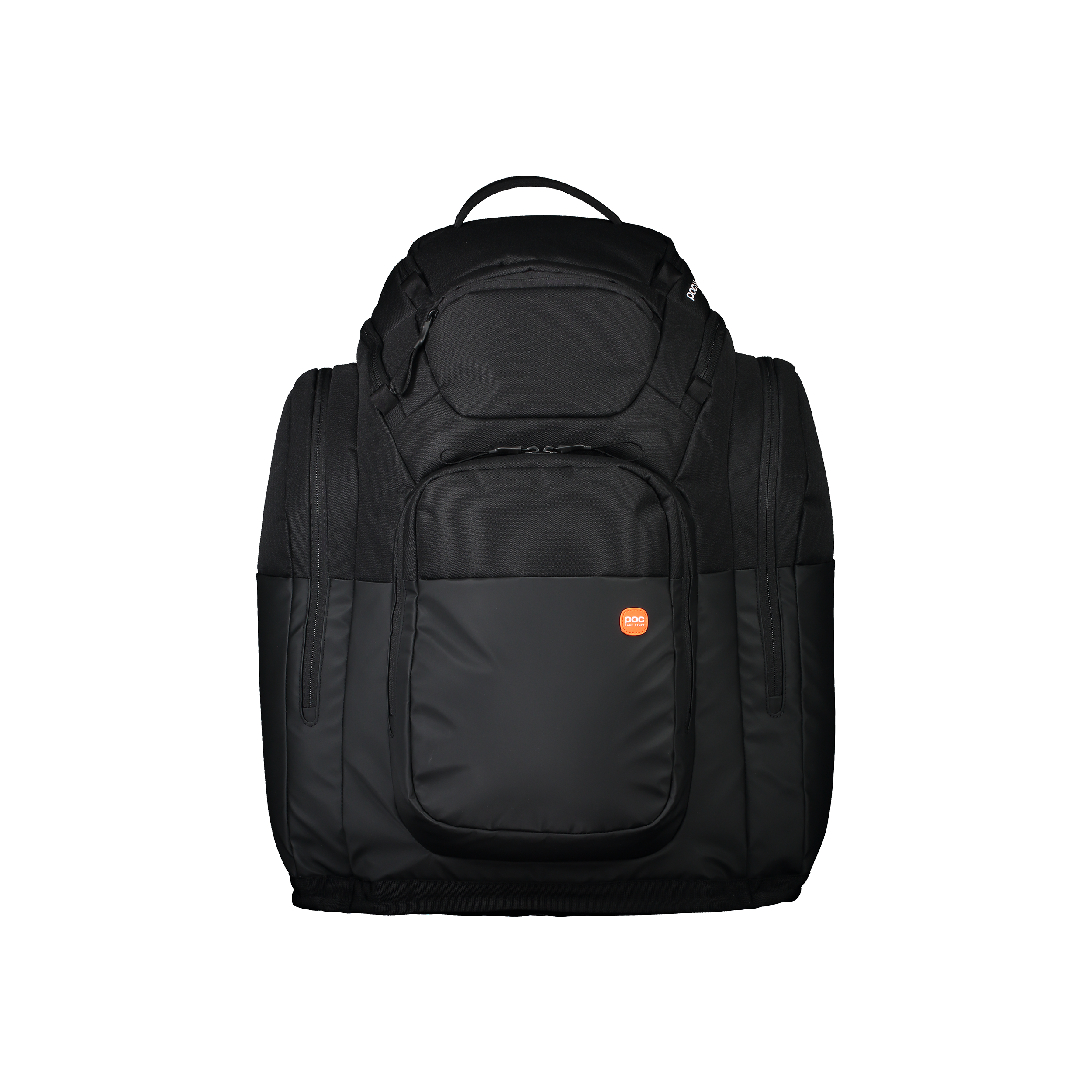 Der POC Sports Race Backpack 70L in Schwarz verfügt über mehrere Reißverschlussfächer, einen Tragegriff an der Oberseite und ein orangefarbenes, rundes Logo auf der Vordertasche, das auf einem schlichten weißen Hintergrund abgebildet ist.