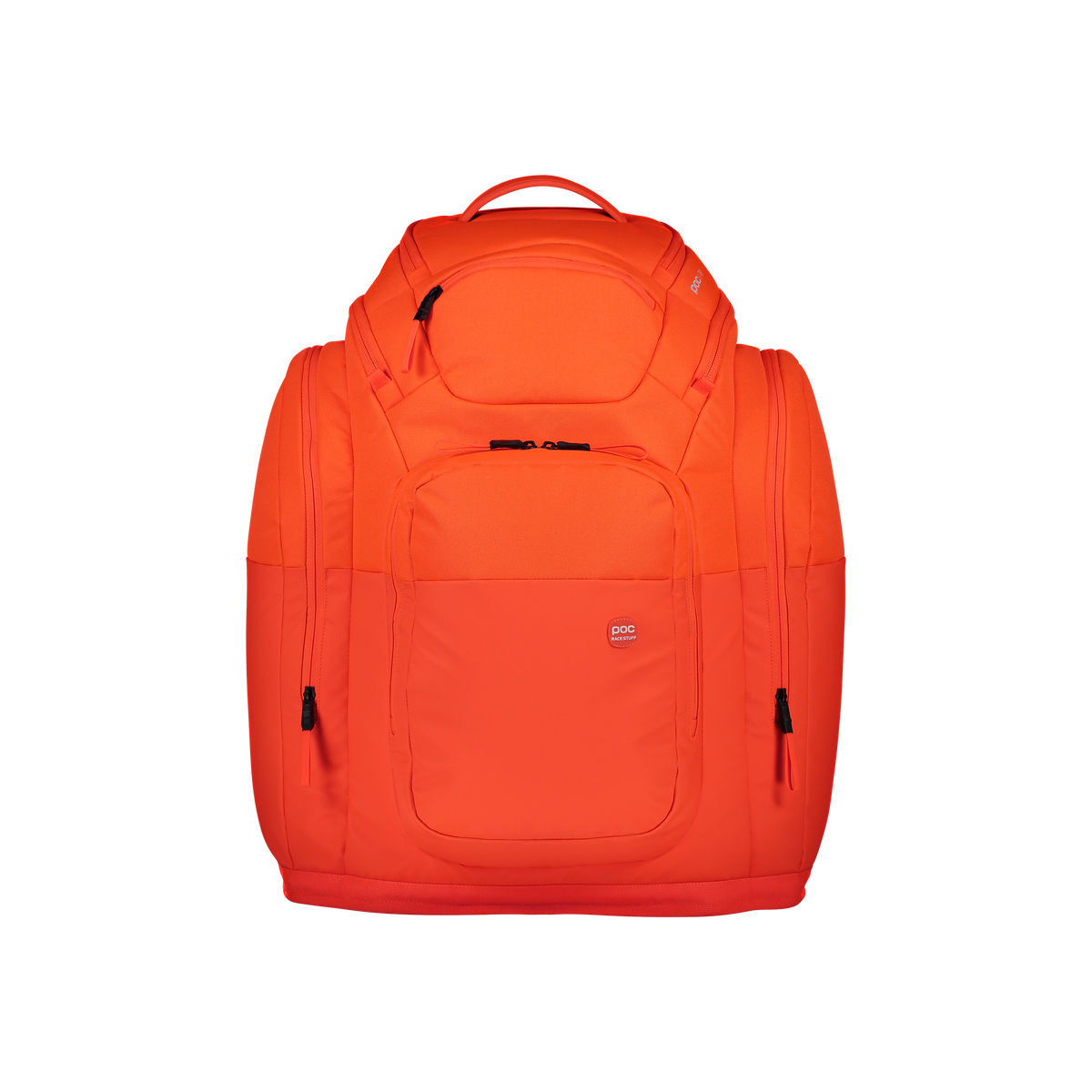 Der POC Sports POC Race Backpack 70L in leuchtendem Orange verfügt über mehrere Reißverschlussfächer und einen Griff an der Oberseite, der auf einem schlichten weißen Hintergrund dargestellt ist.