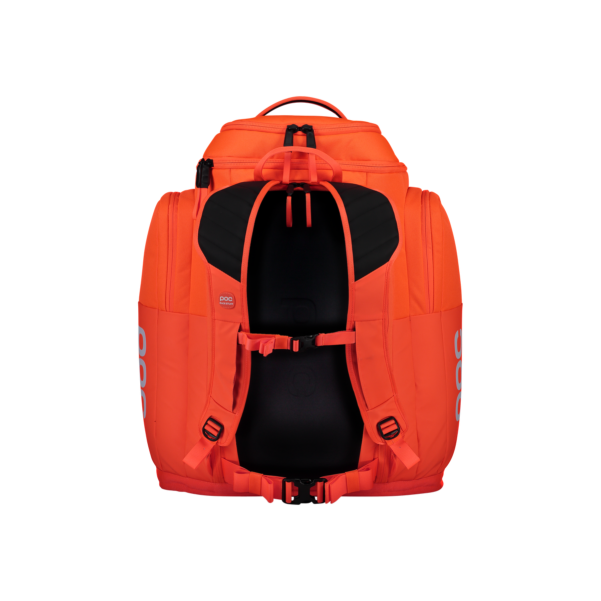 Der POC Sports POC Race Backpack 70L hat ein leuchtend orangefarbenes Design, gepolsterte schwarze Schultergurte, Brust- und Hüftschnallen und Seitenfächer. Der weiße Hintergrund hebt die Details am Rücken und an den Gurten des Rucksacks hervor.
