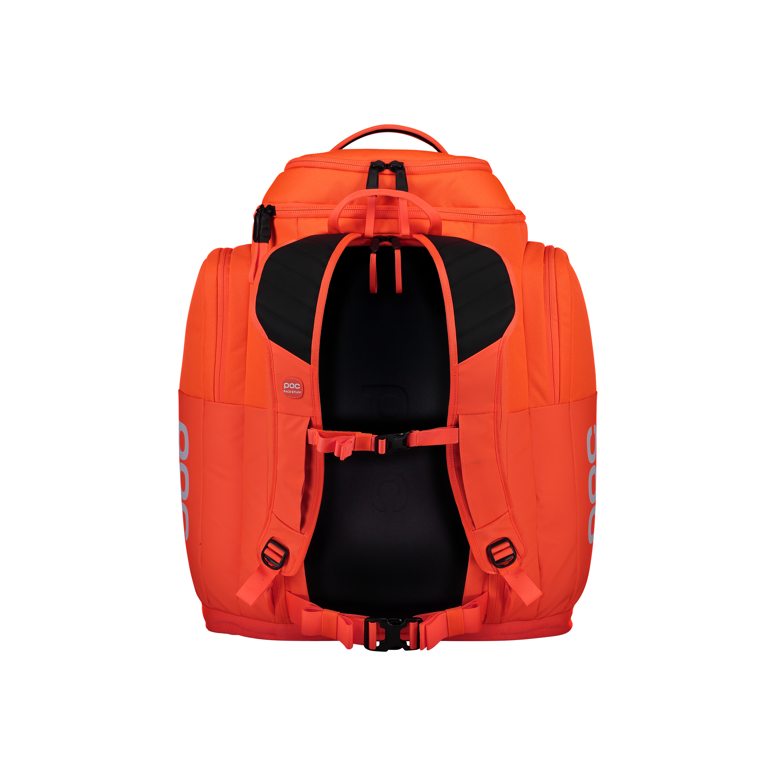Der POC Sports POC Race Backpack 70L hat ein leuchtend orangefarbenes Design, gepolsterte schwarze Schultergurte, Brust- und Hüftschnallen und Seitenfächer. Der weiße Hintergrund hebt die Details am Rücken und an den Gurten des Rucksacks hervor.