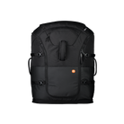 Der POC Sports Race Backpack 130L ist schwarz, verfügt über mehrere seitliche Gurte, einen Tragegriff, ein orangefarbenes, rundes Logo auf der Vordertasche und ist aus wasserfestem Polyamid gefertigt; er ist auf einem schlichten weißen Hintergrund abgebildet.