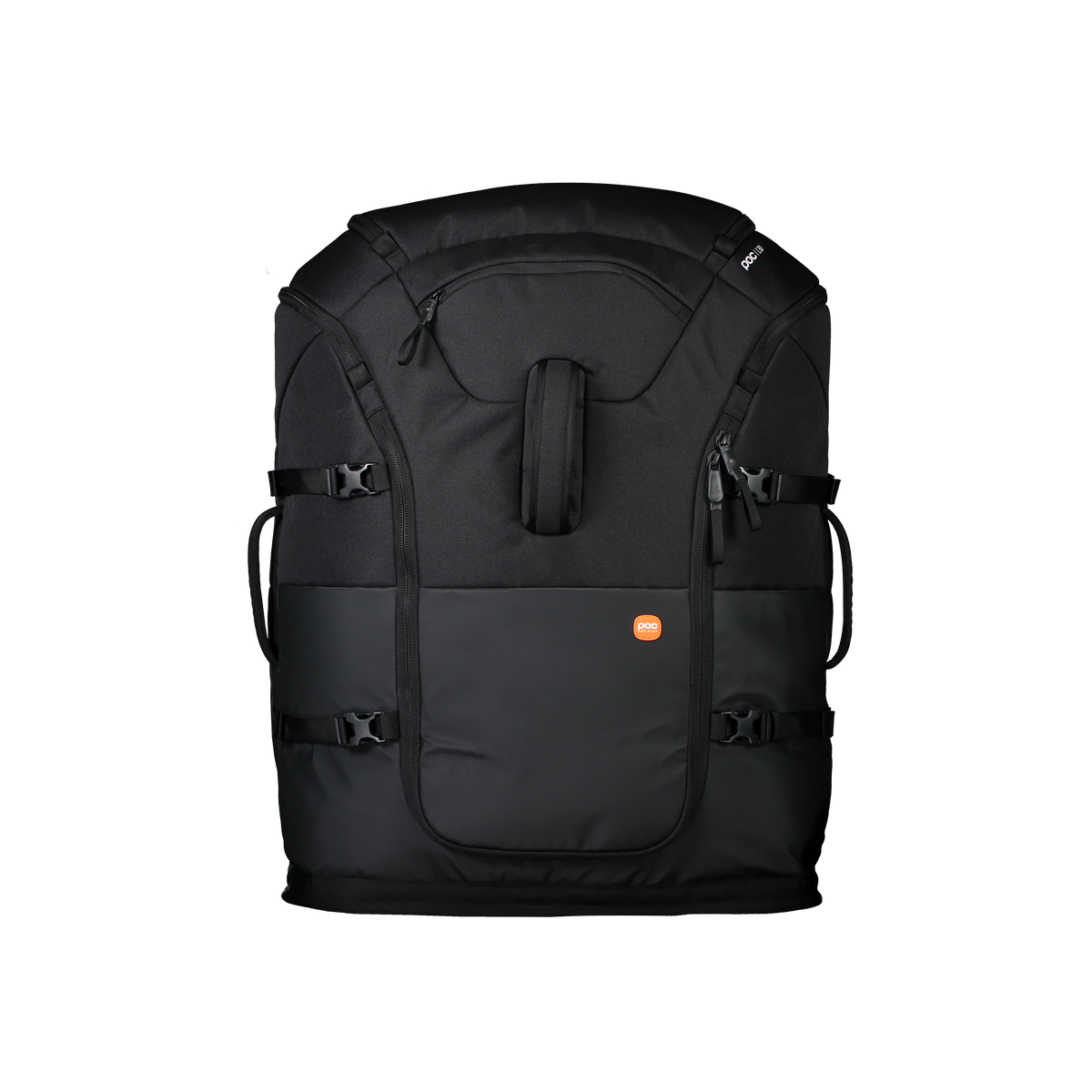 Der POC Sports Race Backpack 130L ist schwarz, verfügt über mehrere seitliche Gurte, einen Tragegriff, ein orangefarbenes, rundes Logo auf der Vordertasche und ist aus wasserfestem Polyamid gefertigt; er ist auf einem schlichten weißen Hintergrund abgebildet.