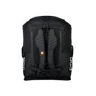 Der POC Race Backpack 130L von POC Sports, aus schwarzem wasserfestem Polyamid, verfügt über gepolsterte Schultergurte, eine Brustschnalle und weiße POC-Logos auf jeder Seite, die vor einem weißen Hintergrund dargestellt sind. Perfekt für Skirennfahrer Ausrüstung.