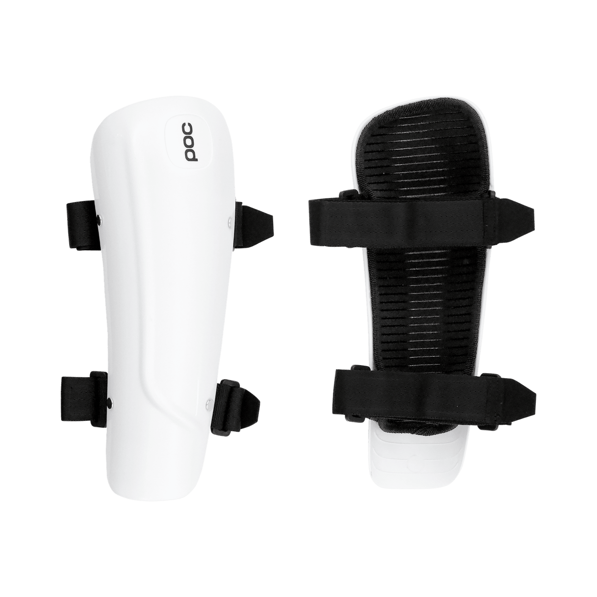 Zwei POC Sports Forearm Classic Hartschalenprotektoren mit schwarzen verstellbaren Riemen sind vorne und hinten auf einem schlichten weißen Hintergrund abgebildet, ideal für den Skirennsport. Das POC Sports Logo ist auf einem Schutz sichtbar.