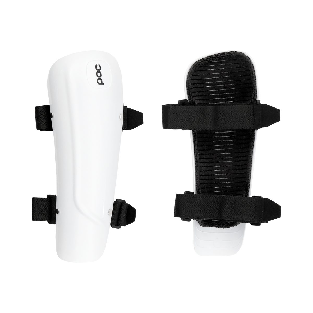 Zwei POC Sports Forearm Classic Hartschalenprotektoren mit schwarzen verstellbaren Riemen sind vorne und hinten auf einem schlichten weißen Hintergrund abgebildet, ideal für den Skirennsport. Das POC Sports Logo ist auf einem Schutz sichtbar.