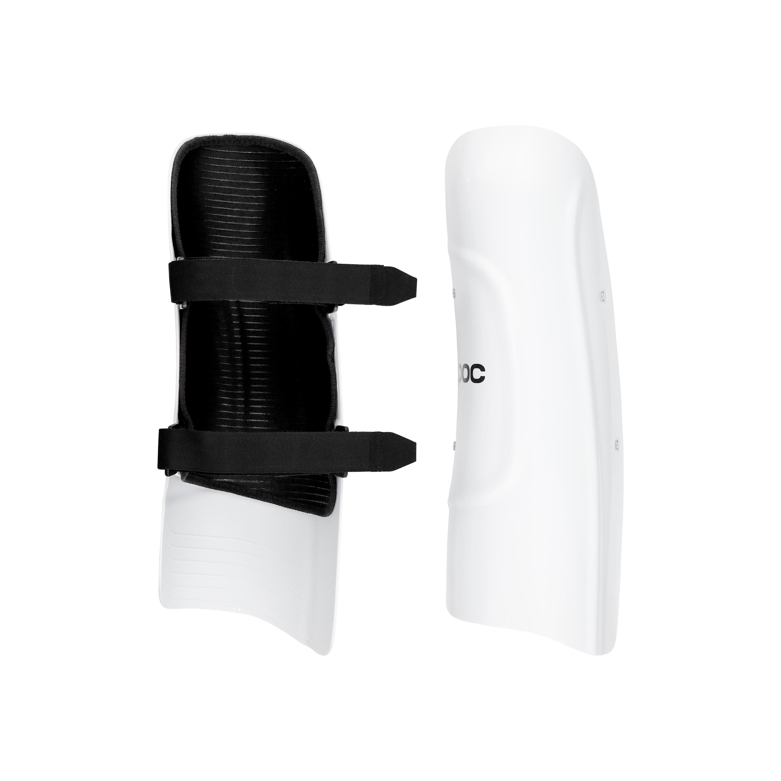 Die POC Sports POC Shins Classic verfügen über eine weiße Hartschale, eine schwarze Innenpolsterung und zwei schwarze Klettverschlüsse - hier nebeneinander mit einer Vorder- und einer Innenansicht - und sind perfekt für den Skirennsport.