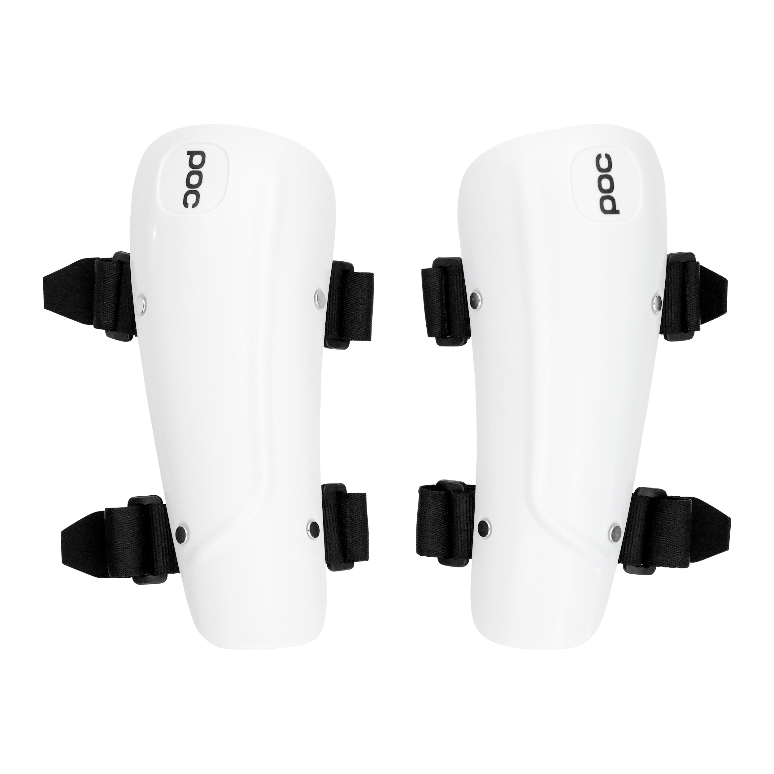 Ein Paar weiße POC Sports Forearm Classic Jr Schienbeinschützer mit schwarzen, verstellbaren Riemen, entwickelt für den Schutz der Beine bei Sportarten wie Skirennsport, nebeneinander auf einem einfarbigen Hintergrund dargestellt.