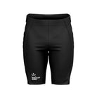 Vorderansicht der schwarzen, körpernahen Head Race Shorts Junior 2026/2027 von Head mit weißem Worldcup Rebels-Logo auf dem linken Bein, glatter Textur und hohem Bund - die ideale Skihose für junge Sportler.