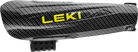 Ein schwarz-grauer Carbonfaser-Skistockschutz mit strukturiertem Finish und gelbem Leki-Branding, ideal für den alpinen Rennsport. Kommt mit einem schwarzen verstellbaren Riemen und Metallnieten, passend zur Qualität des LEKI Forearm Protector - Zuverlässiger Unterarmschutz.