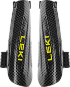 Der LEKI Forearm Protector - Zuverlässiger Unterarmschutz für den Rennsport von Leki ist ein schwarzes Carbonfaserpaar mit strukturiertem Design und gelbem, vertikalem Leki-Logo, perfekt für den alpinen Rennsport und den Schutz beim Riesenslalom.
