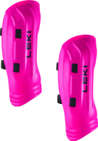 Der Leki Shin Guard Worldcup Pro besteht aus zwei leuchtend pinken Schützern mit schwarzen Verschlüssen, die von Leki für das Slalomtraining und zum Schutz der Skistöcke entwickelt wurden.