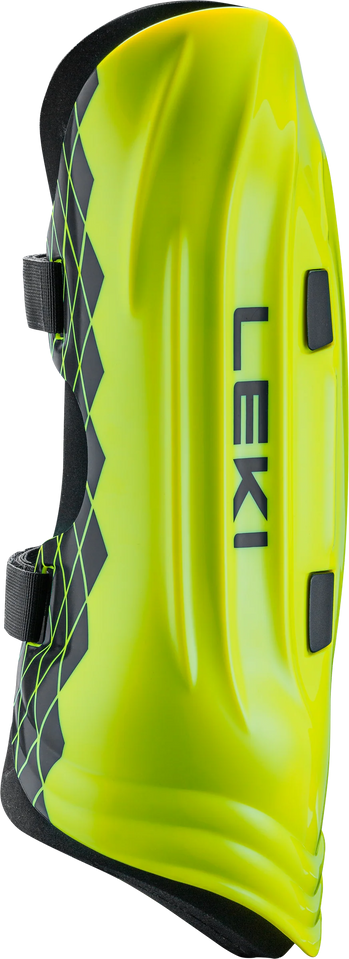 Der Leki Shin Guard Worldcup Pro Custom Fit ist ein leuchtend gelber und schwarzer Unterarmschutz mit zwei verstellbaren Riemen, dem Leki-Logo und einem geometrischen Rautenmuster für zusätzlichen Style.