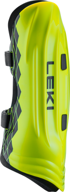 Der Leki Shin Guard Worldcup Pro Custom Fit ist ein leuchtend gelber und schwarzer Unterarmschutz mit zwei verstellbaren Riemen, dem Leki-Logo und einem geometrischen Rautenmuster für zusätzlichen Style.