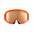 Die POC Sports POCito Opsin Skibrille hat eine reflektierende, goldfarbene Scheibe, eine schwarze Innenpolsterung und rote, verstellbare Bänder auf einem schlichten weißen Hintergrund.
