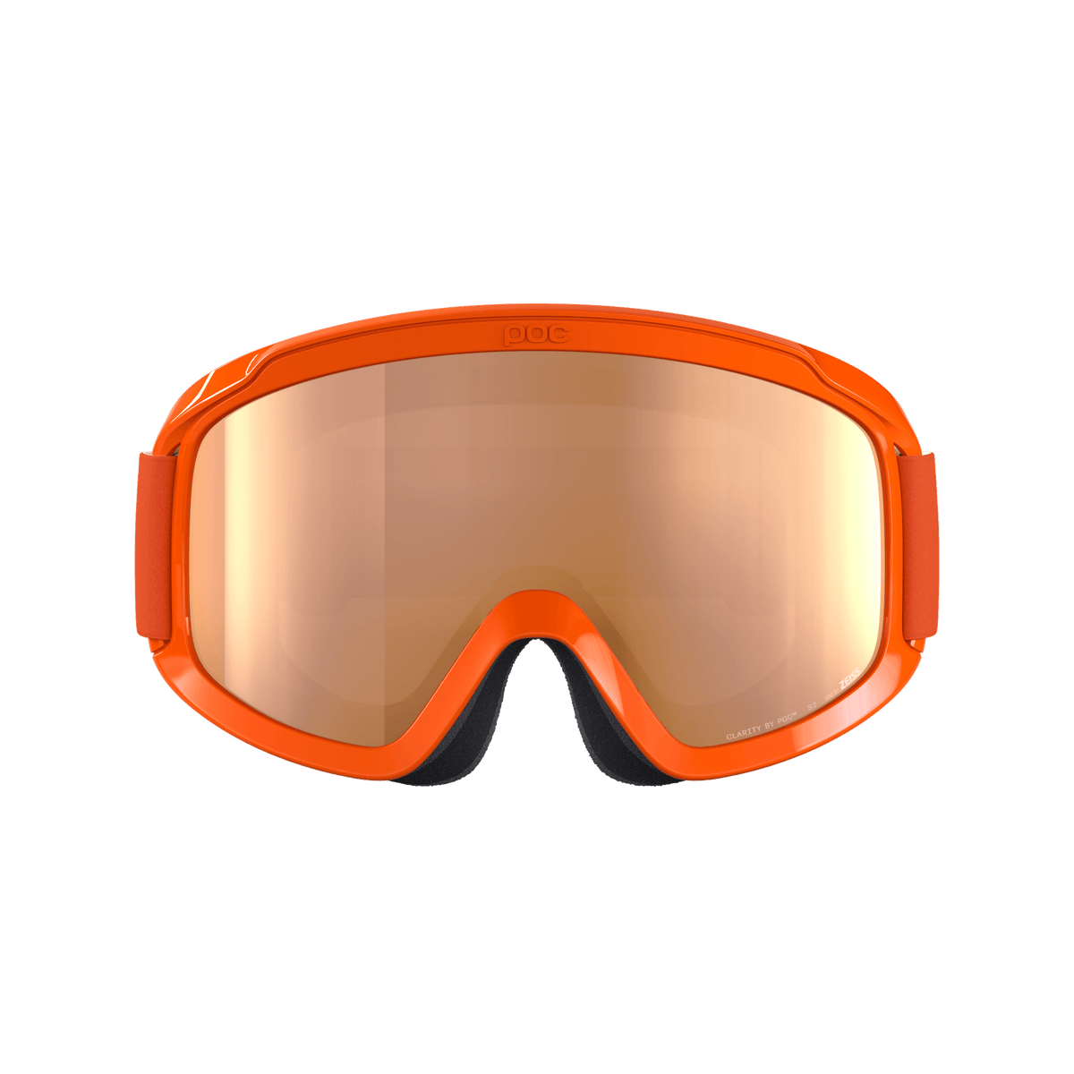 Die POC Sports POCito Opsin Skibrille hat eine reflektierende, goldfarbene Scheibe, eine schwarze Innenpolsterung und rote, verstellbare Bänder auf einem schlichten weißen Hintergrund.
