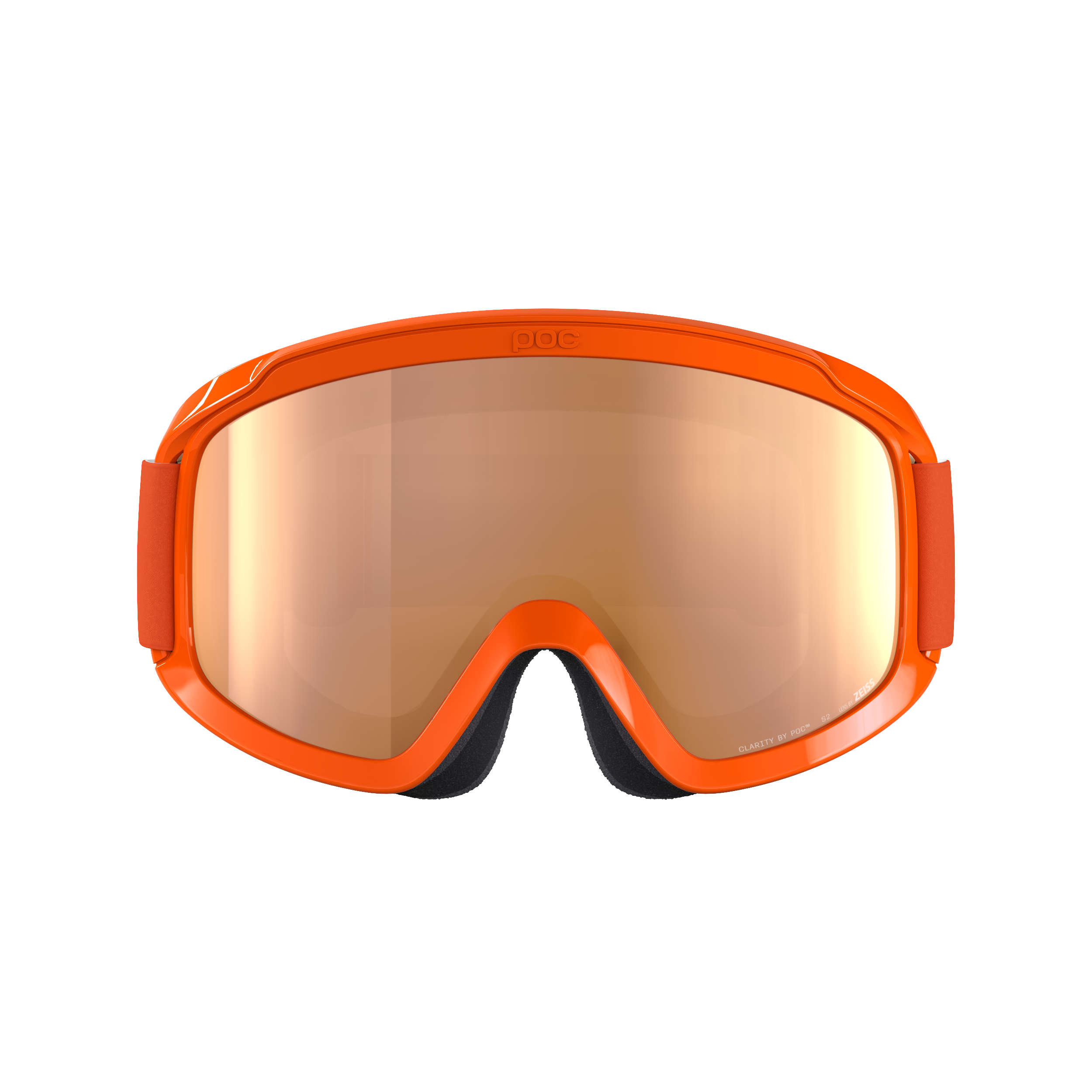 Die POC Sports POCito Opsin Skibrille hat eine reflektierende, goldfarbene Scheibe, eine schwarze Innenpolsterung und rote, verstellbare Bänder auf einem schlichten weißen Hintergrund.