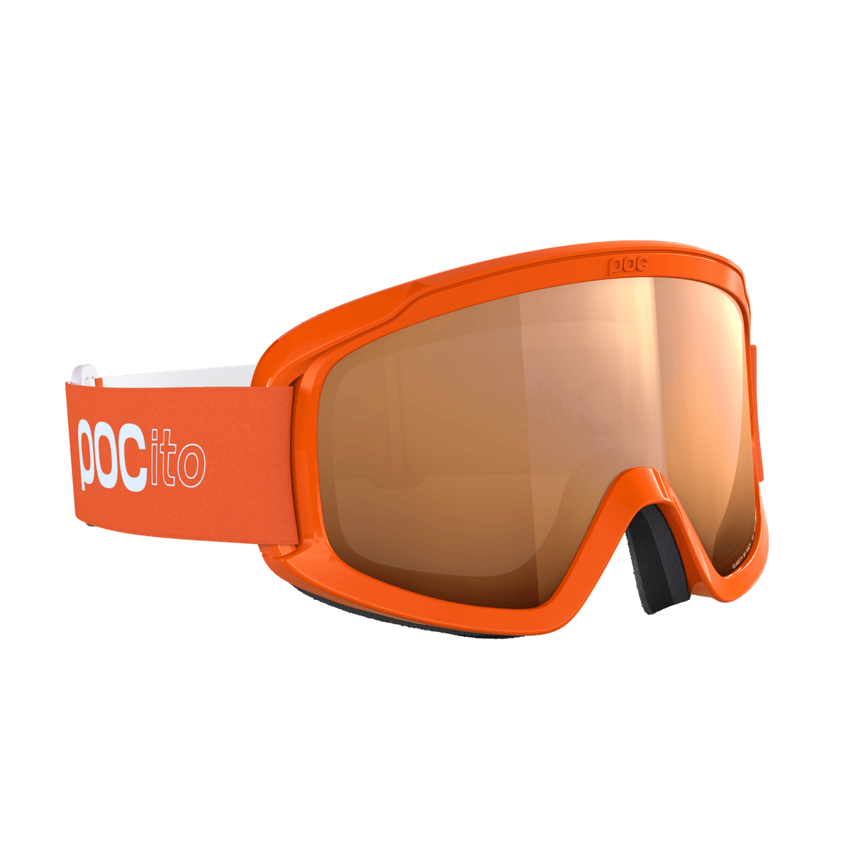 Die POC Sports POCito Opsin Kinder-Skibrille hat einen leuchtend orangefarbenen Rahmen, breite, reflektierende Gläser, ein verstellbares Band mit "POC Itto"-Logo und ein schwarzes Nasenpad für Komfort und sportlichen, modernen Stil.