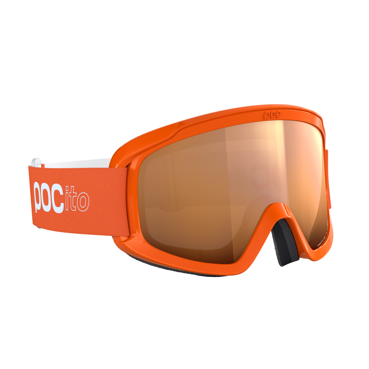 Die POC Sports POCito Opsin Kinder-Skibrille hat einen leuchtend orangefarbenen Rahmen, breite, reflektierende Gläser, ein verstellbares Band mit "POC Itto"-Logo und ein schwarzes Nasenpad für Komfort und sportlichen, modernen Stil.