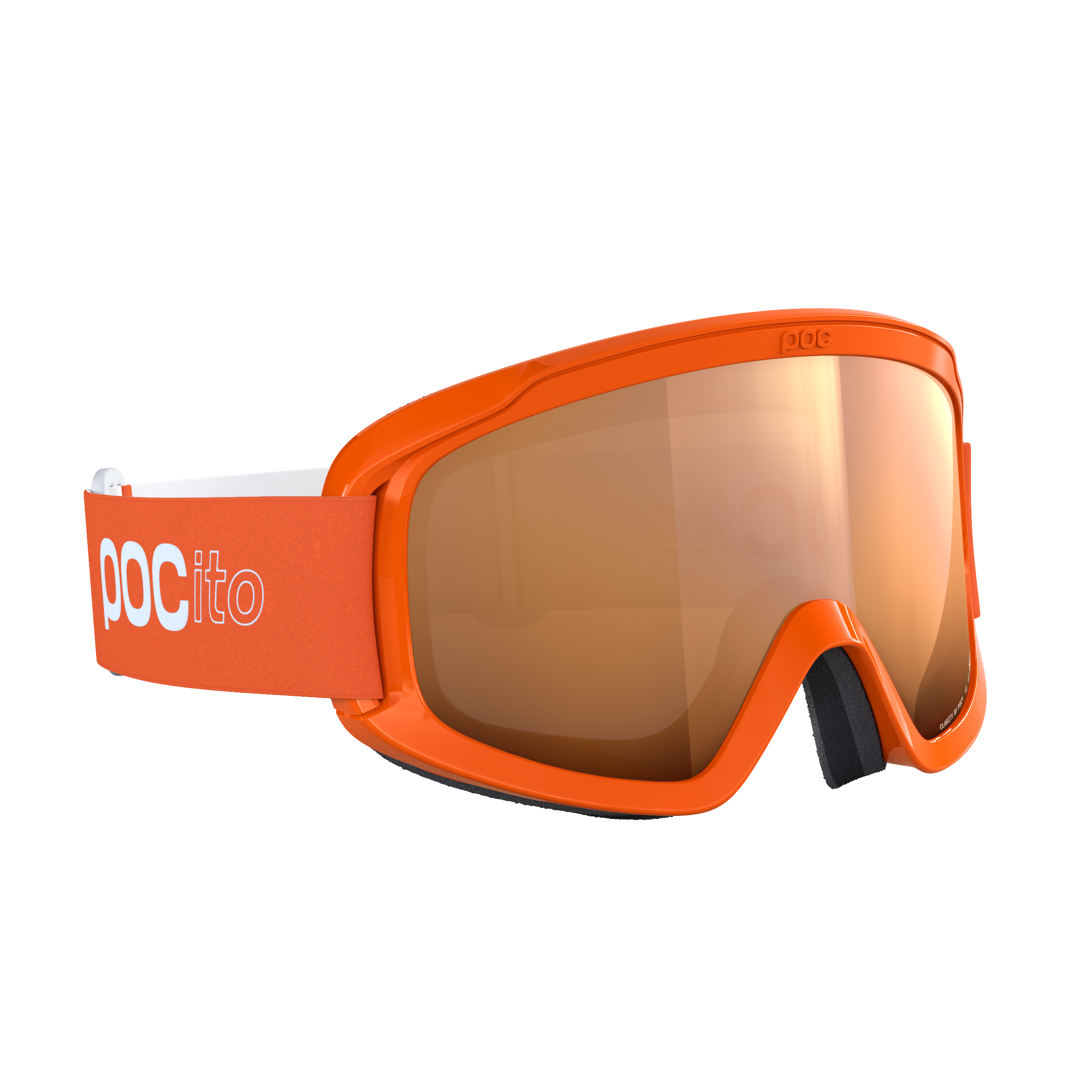 Die POC Sports POCito Opsin Kinder-Skibrille hat einen leuchtend orangefarbenen Rahmen, breite, reflektierende Gläser, ein verstellbares Band mit "POC Itto"-Logo und ein schwarzes Nasenpad für Komfort und sportlichen, modernen Stil.