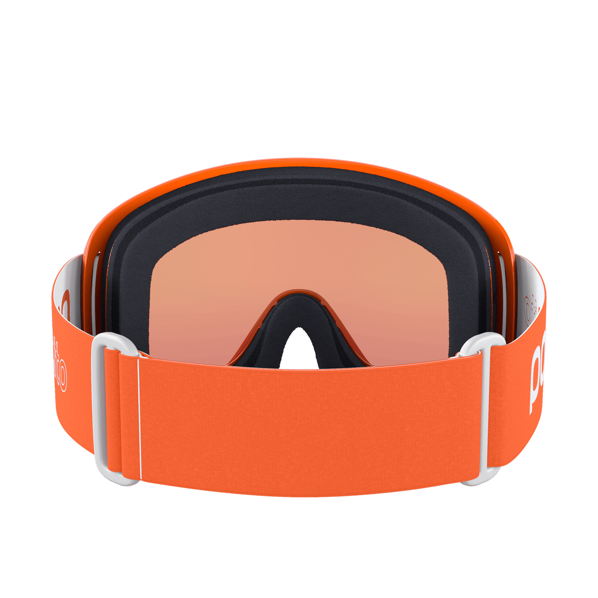 Die POC Sports POCito Opsin Skibrille hat einen breiten, verstellbaren Riemen und orange getönte Gläser, die von hinten gezeigt werden, um die komfortable Polsterung und den Nasensteg hervorzuheben.