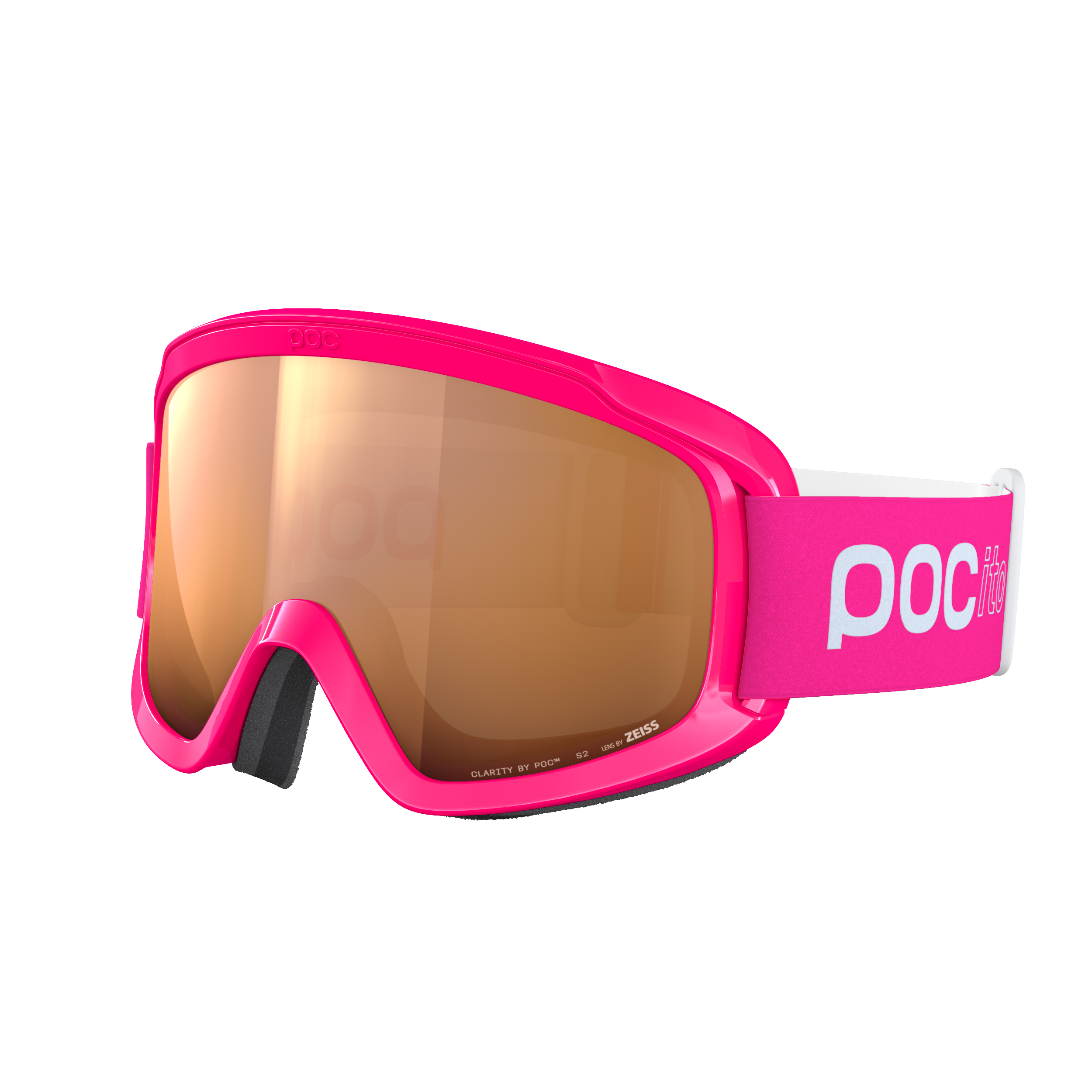 Die POC Sports POCito Opsin Kinder-Skibrille hat einen rosafarbenen Rahmen, reflektierende Gläser und ein weiß-rosa verstellbares Band mit dem POC-Logo. Ihr modernes, aerodynamisches Design verbessert die Sichtbarkeit und Sicherheit beim Skifahren.