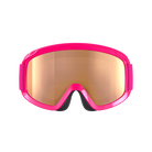 Eine rosafarbene POC Sports POCito Opsin Skibrille mit einer reflektierenden, goldgetönten Scheibe wird vor einem hellgrauen Hintergrund gezeigt, um die Sichtbarkeit beim Skifahren für junge Abenteurer zu erhöhen.