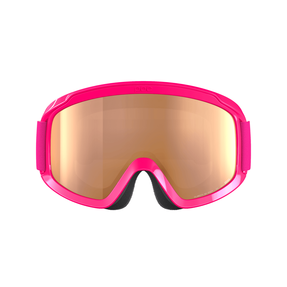Eine rosafarbene POC Sports POCito Opsin Skibrille mit einer reflektierenden, goldgetönten Scheibe wird vor einem hellgrauen Hintergrund gezeigt, um die Sichtbarkeit beim Skifahren für junge Abenteurer zu erhöhen.