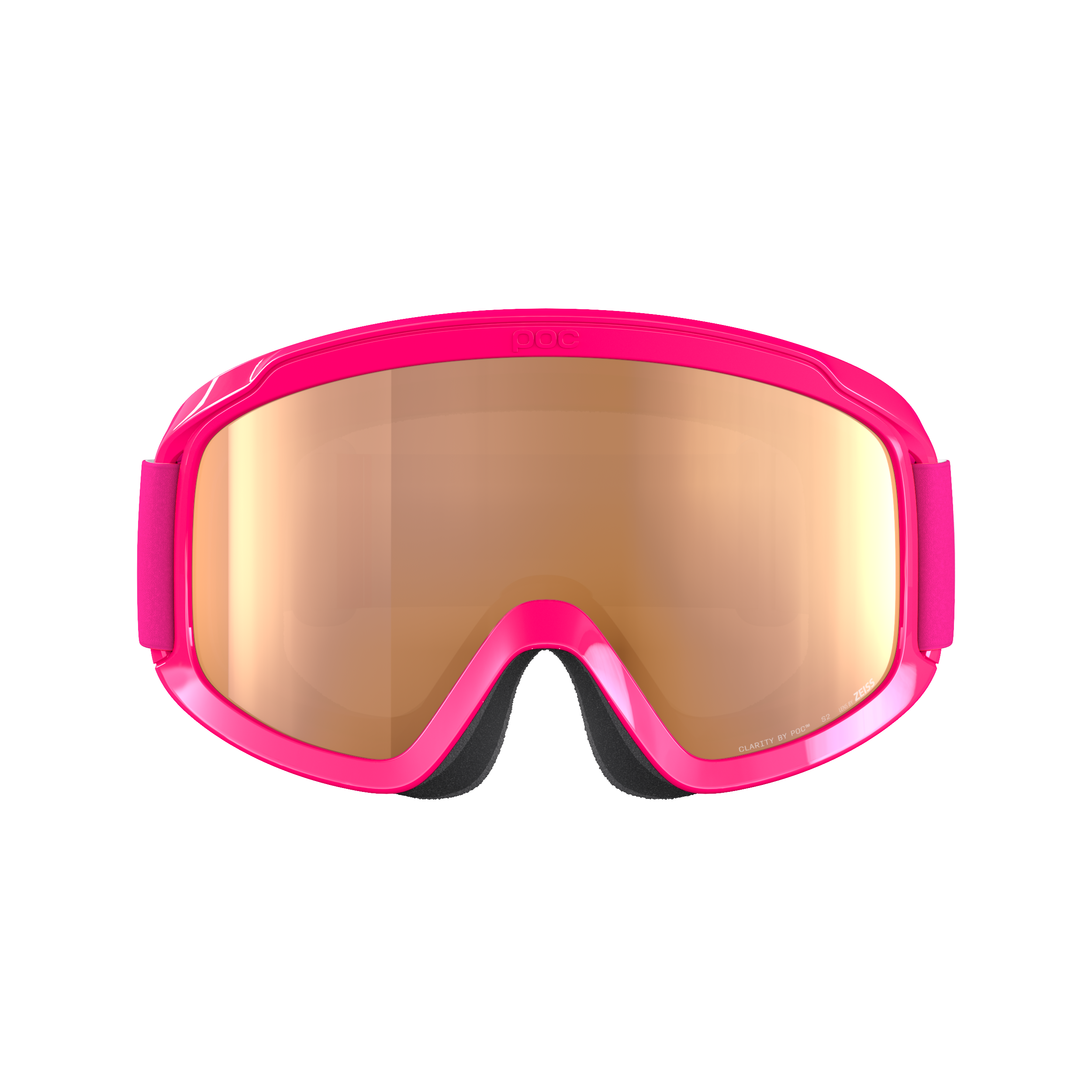 Eine rosafarbene POC Sports POCito Opsin Skibrille mit einer reflektierenden, goldgetönten Scheibe wird vor einem hellgrauen Hintergrund gezeigt, um die Sichtbarkeit beim Skifahren für junge Abenteurer zu erhöhen.