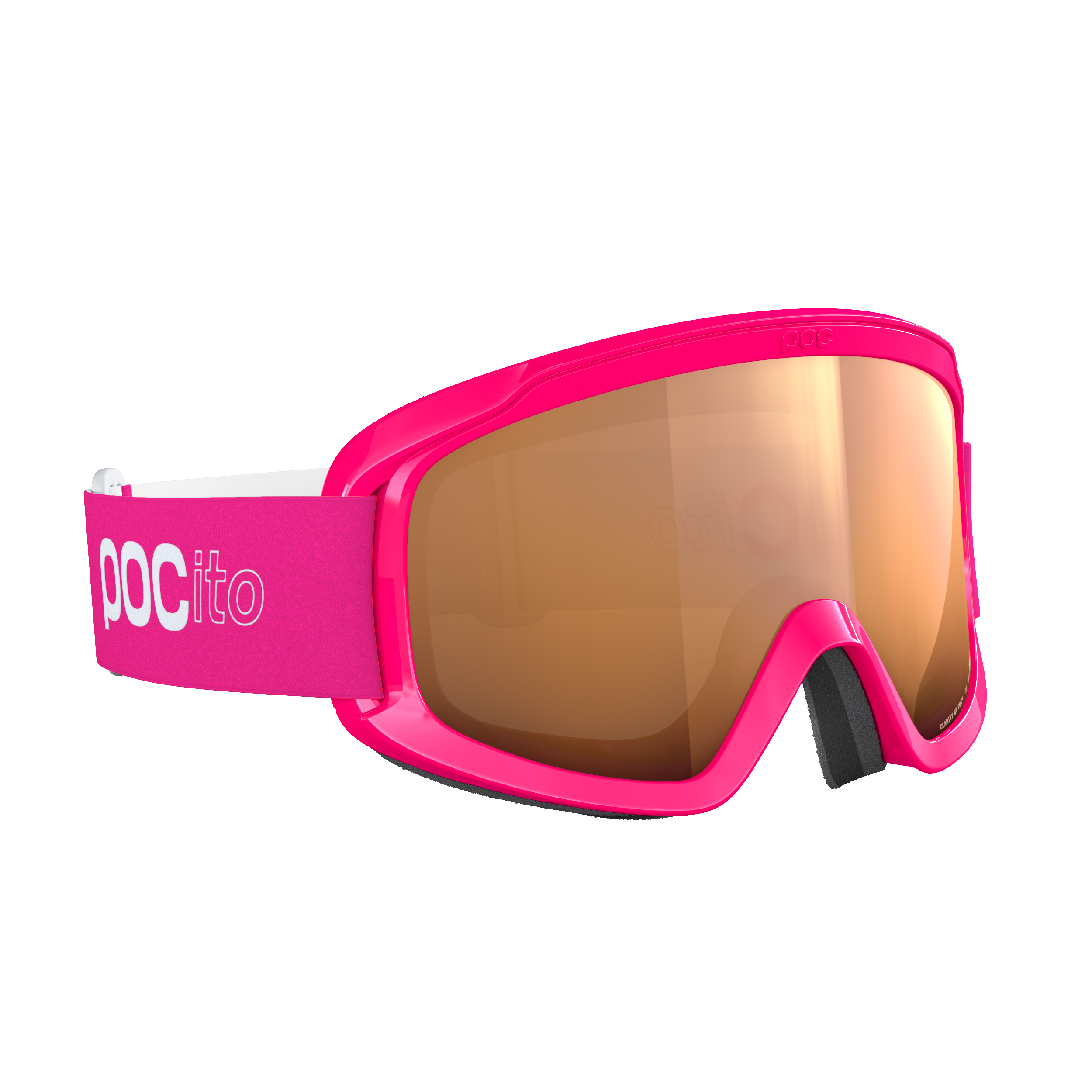 Die POC Sports POCito Opsin ist eine rosafarbene Skibrille mit orangefarbenen, reflektierenden Gläsern und einem rosafarbenen Band mit weißem "poc ito"-Schriftzug, das für optimale Sichtbarkeit beim Skifahren sorgt. Abgebildet auf einfarbig weißem Hintergrund.