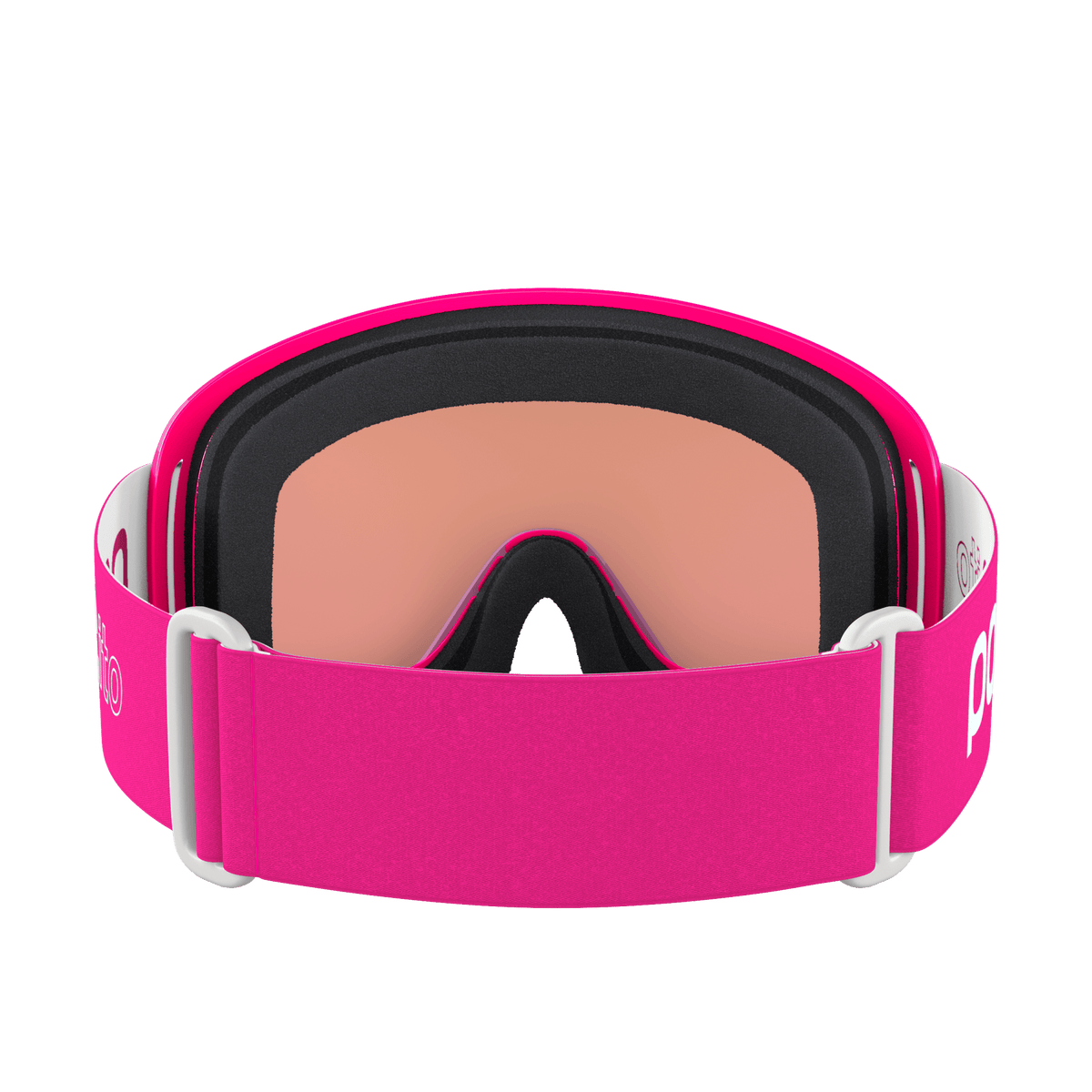 Die POC Sports POCito Opsin verfügt über ein leuchtend pinkes Band, einen schwarzen Rahmen und orange getönte Gläser für bessere Sichtbarkeit beim Skifahren, die von vorne auf weißem Hintergrund abgebildet sind.
