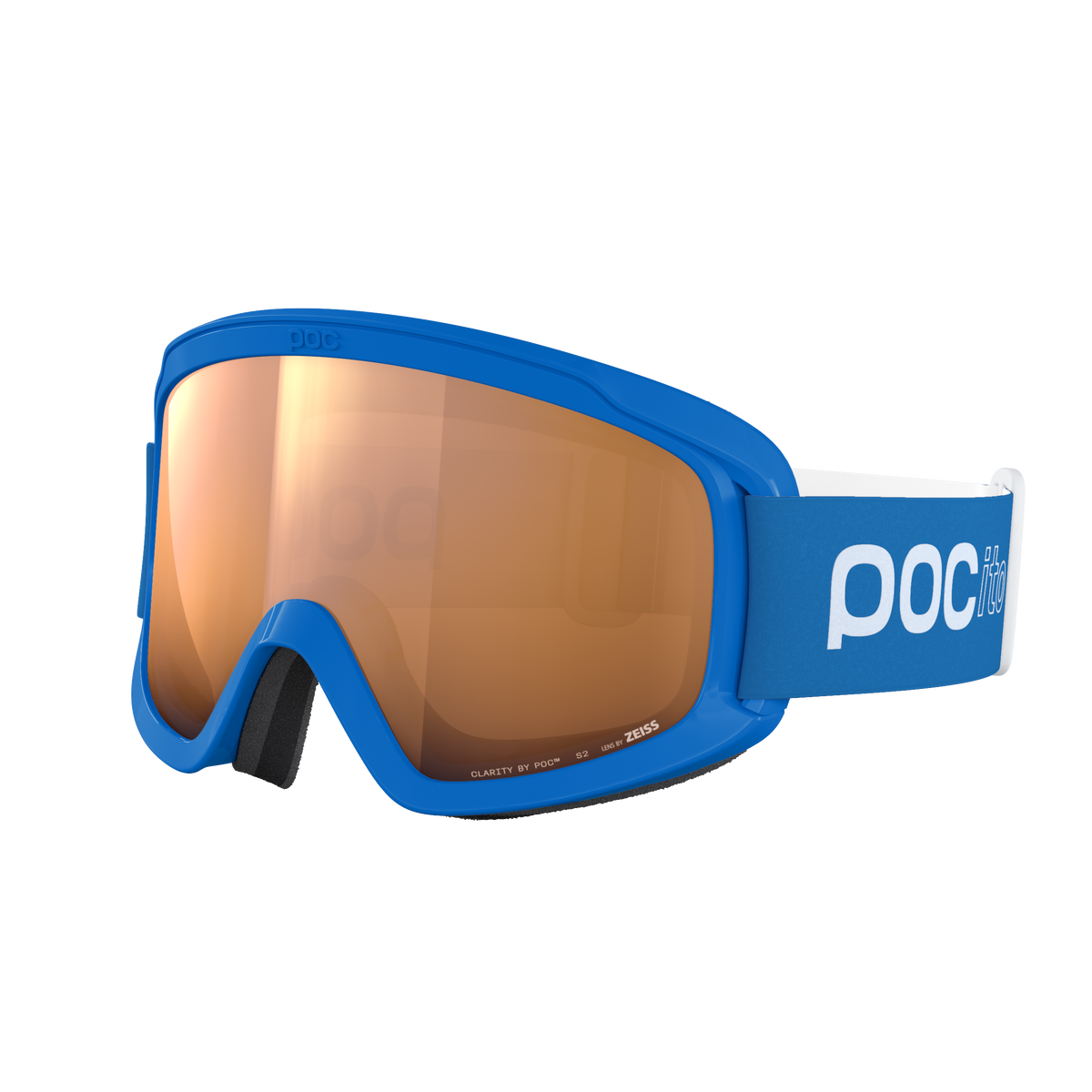 Die POC Sports POCito Opsin blue Kinder-Skibrille hat hellorange getönte, teilweise sonnenreflektierende Gläser und ein weißes POC-Logo auf dem Seitenband, das vor einem schlichten hellen Hintergrund abgebildet ist.