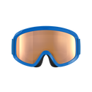 Die POC Sports POCito Opsin Skibrille für Kinder hat einen blauen Rahmen, eine große, hellorangefarbene, reflektierende Scheibe für teilweise sonnige Bedingungen und eine schwarze Schaumstoffpolsterung, die auf einem schlichten hellgrauen Hintergrund abgebildet ist.
