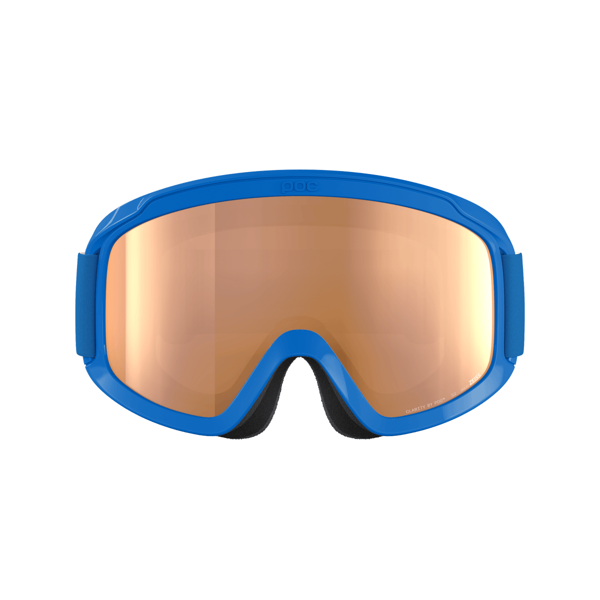 Die POC Sports POCito Opsin Skibrille für Kinder hat einen blauen Rahmen, eine große, hellorangefarbene, reflektierende Scheibe für teilweise sonnige Bedingungen und eine schwarze Schaumstoffpolsterung, die auf einem schlichten hellgrauen Hintergrund abgebildet ist.