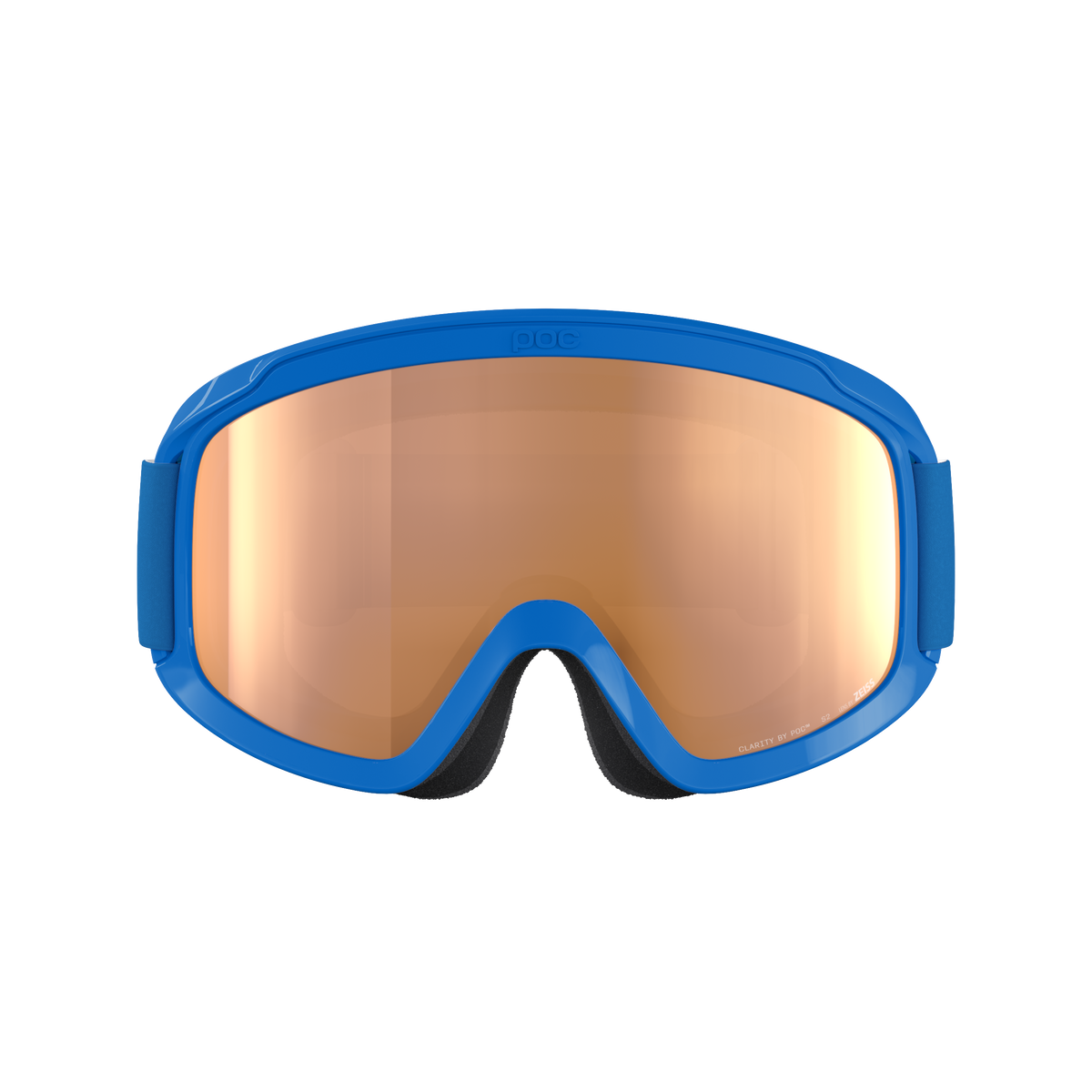 Die POC Sports POCito Opsin Skibrille für Kinder hat einen blauen Rahmen, eine große, hellorangefarbene, reflektierende Scheibe für teilweise sonnige Bedingungen und eine schwarze Schaumstoffpolsterung, die auf einem schlichten hellgrauen Hintergrund abgebildet ist.