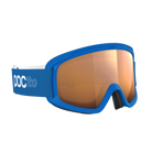 Die POC Sports POCito Opsin Kinder-Skibrille mit blauem Rahmen, reflektierenden Gläsern in Partly Sunny Light Orange und einem Band mit weißem Logo ist auf einem schlichten weißen Hintergrund zu sehen.