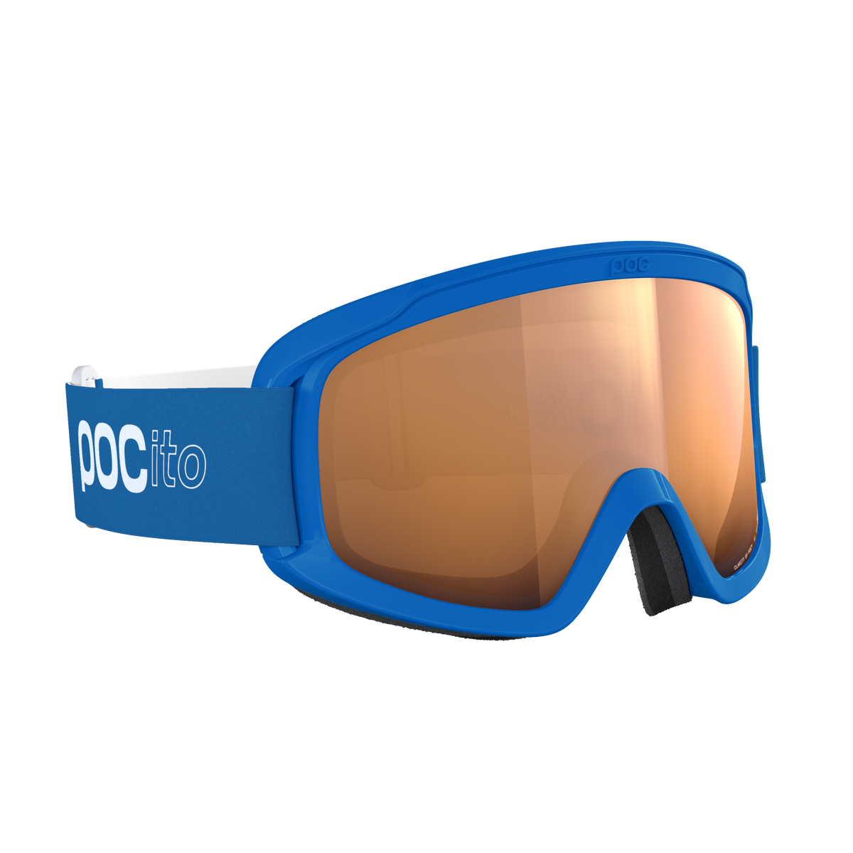 Die POC Sports POCito Opsin Kinder-Skibrille mit blauem Rahmen, reflektierenden Gläsern in Partly Sunny Light Orange und einem Band mit weißem Logo ist auf einem schlichten weißen Hintergrund zu sehen.
