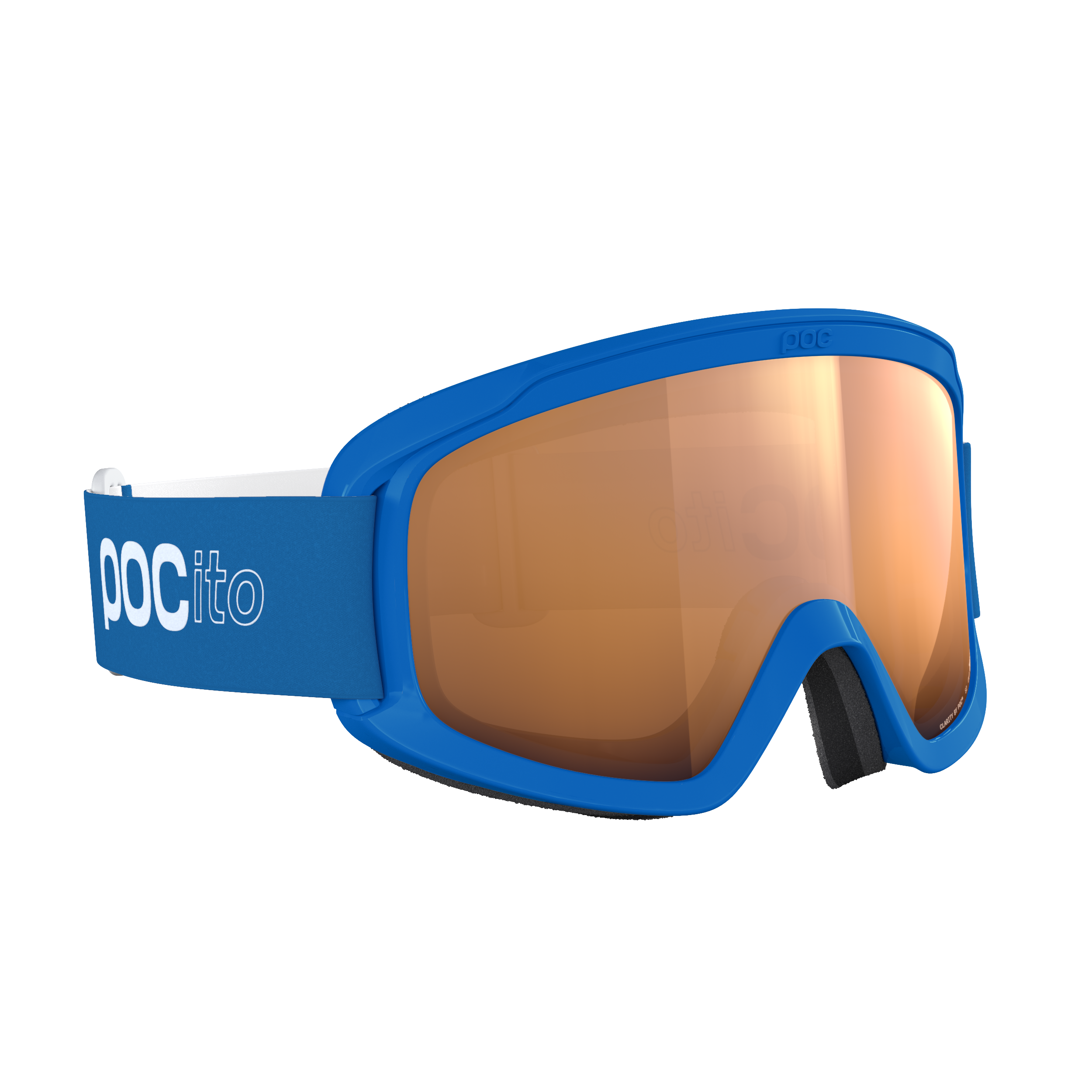 Die POC Sports POCito Opsin Kinder-Skibrille mit blauem Rahmen, reflektierenden Gläsern in Partly Sunny Light Orange und einem Band mit weißem Logo ist auf einem schlichten weißen Hintergrund zu sehen.