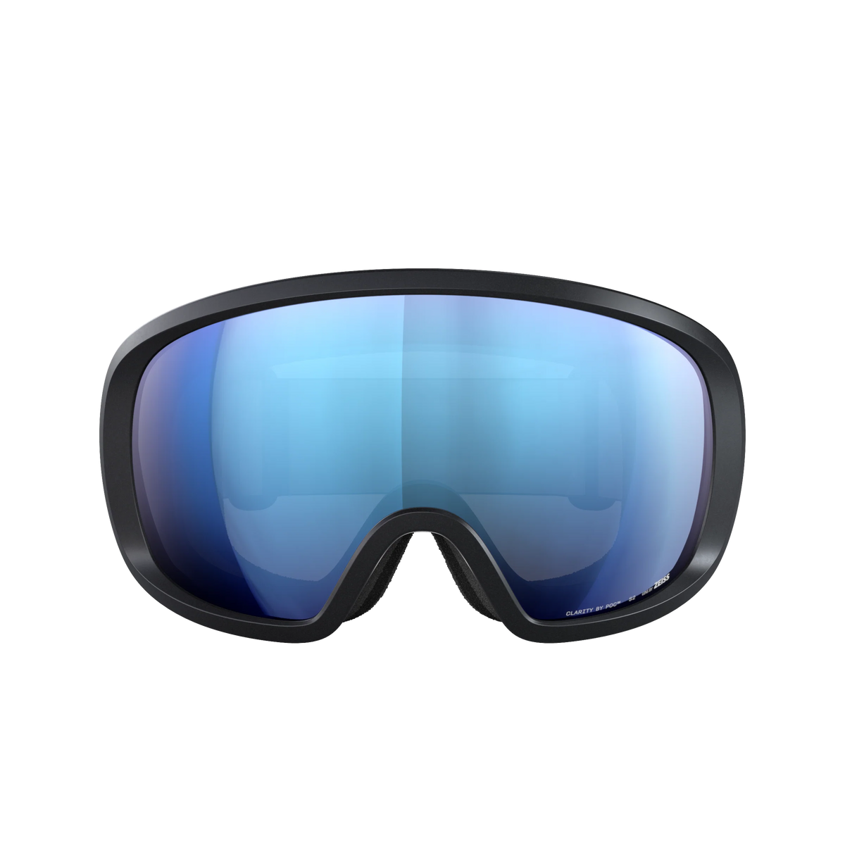 Eine POC Sports POC Fovea Schwimmbrille mit Clarity Technology, schwarzem Rahmen und blau getönten, reflektierenden Gläsern ist nach vorne gerichtet vor einem schlichten weißen Hintergrund abgebildet.