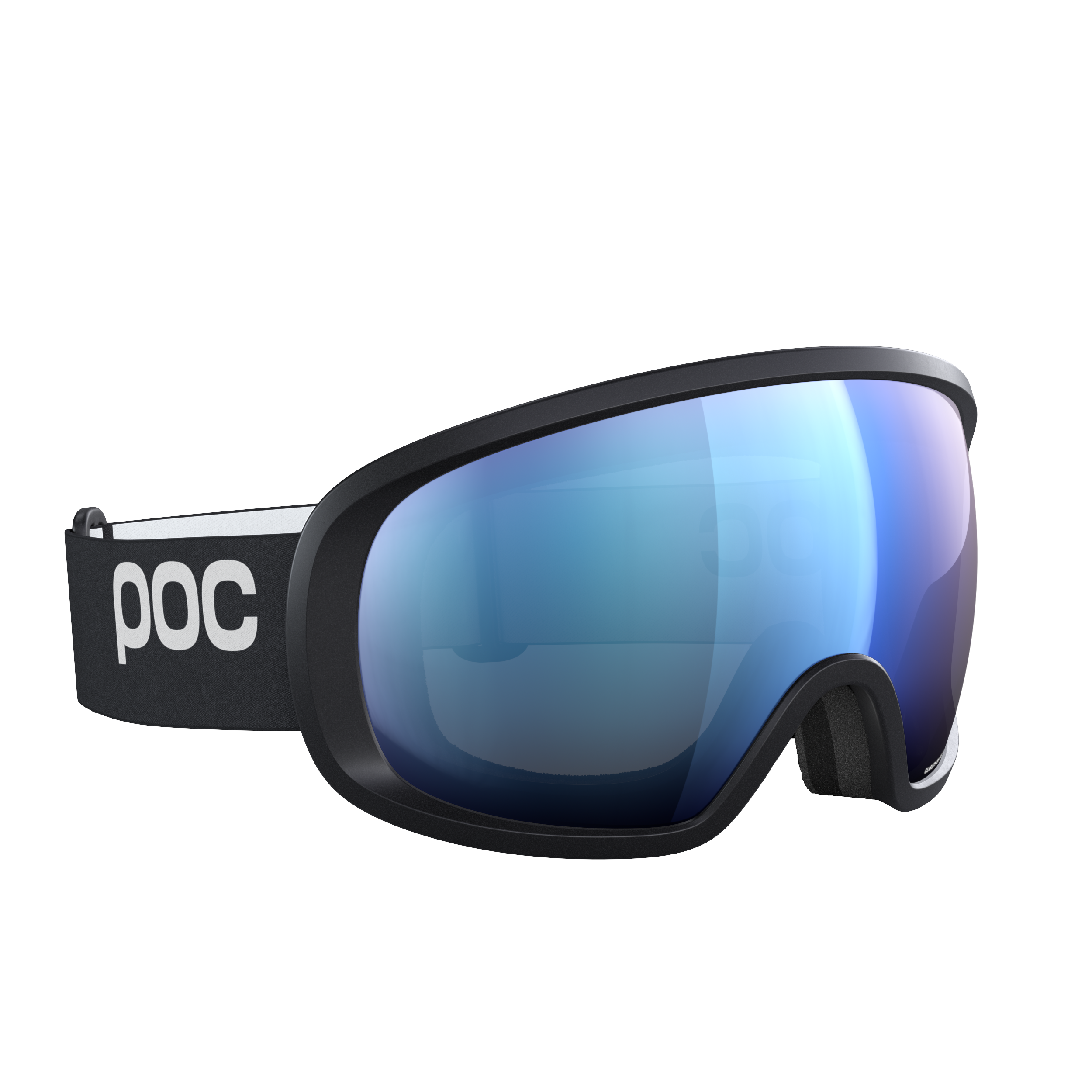 Eine schwarze POC Fovea Schwimmbrille von POC Sports mit einer breiten, reflektierenden blauen Clarity-Scheibe und "POC" in Weiß auf dem verstellbaren Band.