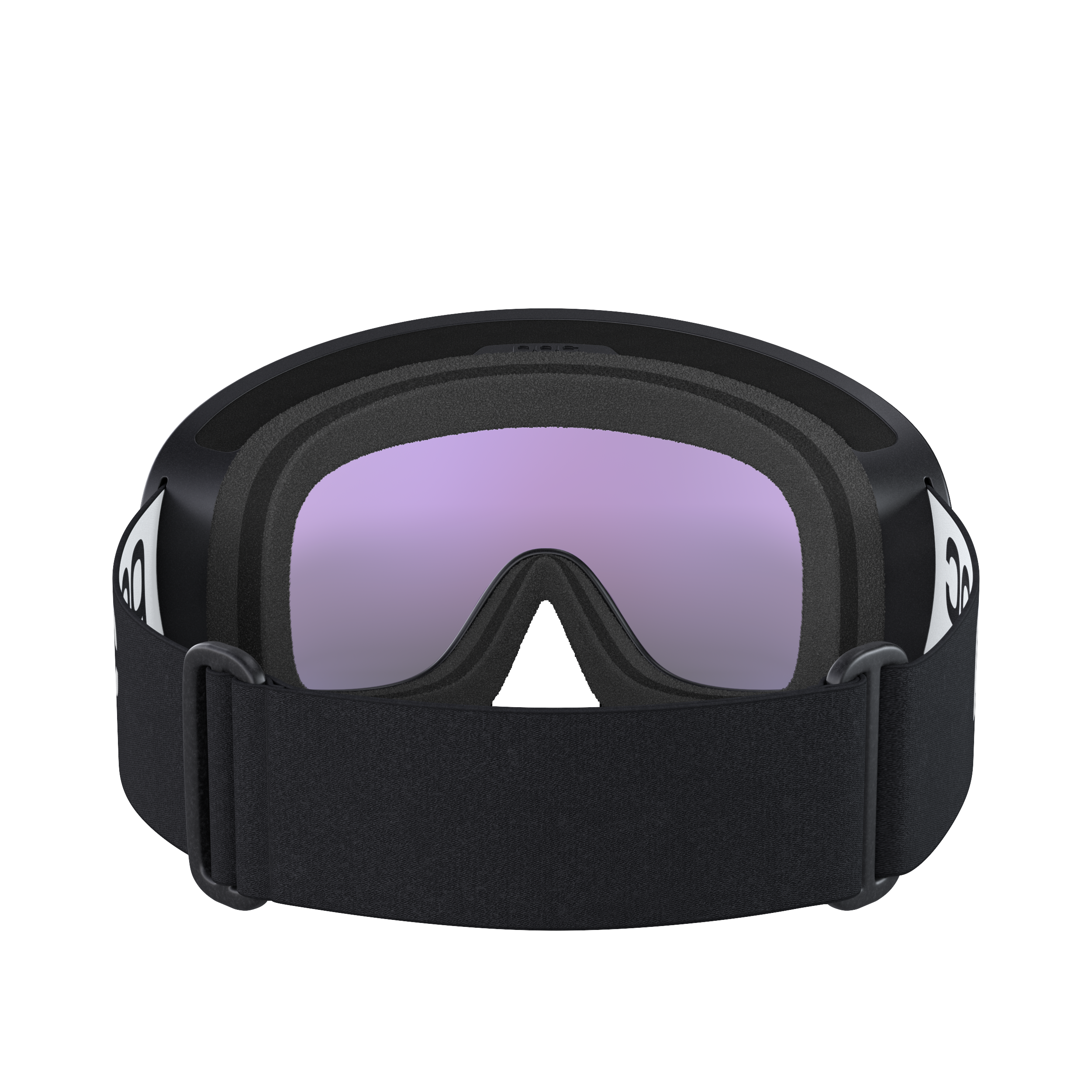 Die POC Sports POC Fovea verfügt über ein breites, verstellbares Band und eine violett getönte Clarity-Scheibe, hier von hinten mit dem schwarzen Band im Vordergrund.