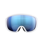 Eine POC Sports Fovea Schwimmbrille mit weißem Rahmen und blau getönten, reflektierenden Clarity-Gläsern, dargestellt von vorne vor einem schlichten weißen Hintergrund.