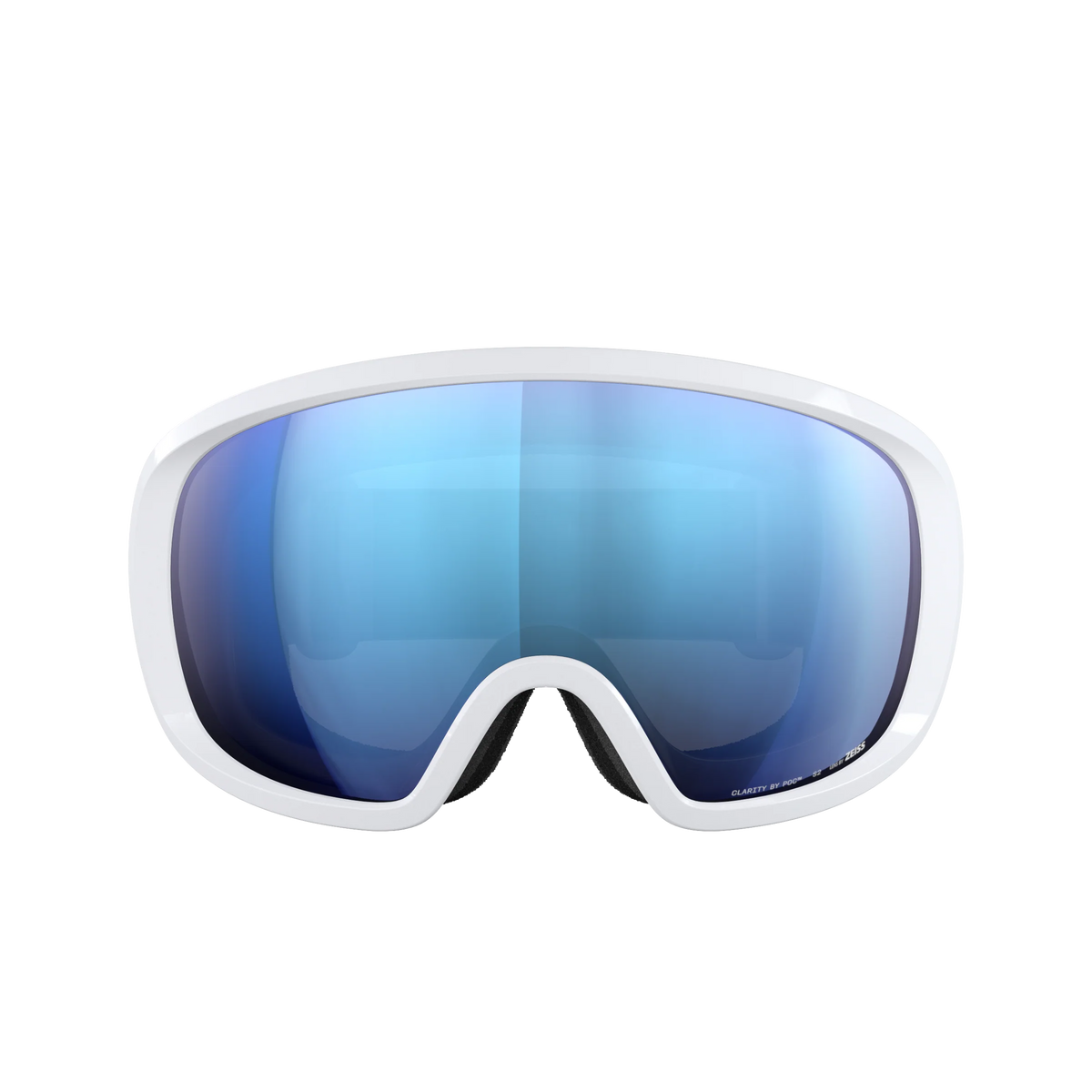 Eine POC Sports Fovea Schwimmbrille mit weißem Rahmen und blau getönten, reflektierenden Clarity-Gläsern, dargestellt von vorne vor einem schlichten weißen Hintergrund.